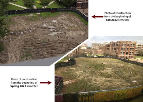 Comparison photos of the chapels construction at the beginning of the fall 2022 semester and the spring 2023 semester. There is no visible change other than grass growing over the construction site.