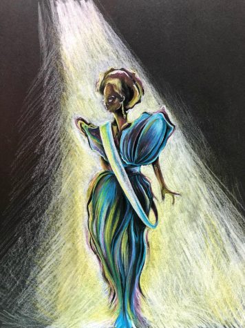 Drawing of a pageant woman in a blue flown dress