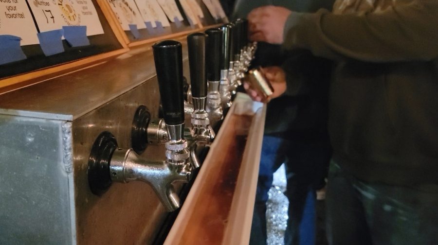 Brewers pull on a draft beer handle.
