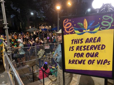 Chain link fence blocks off parade and VIP members, with a colorful sign reading This area is reserved for our krewe of VIPs.