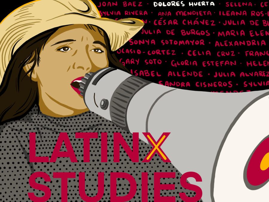 Illustration of Dolores Huerta holding a megaphone in front of a background of names of notable Latinx people and the words Latinx Studies in front of her.