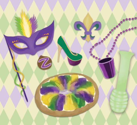 Drawings of various decorations, including a mask, a king cake, a shot glass, and a shoe, that are typically seen in Mardi Gras celebrations.