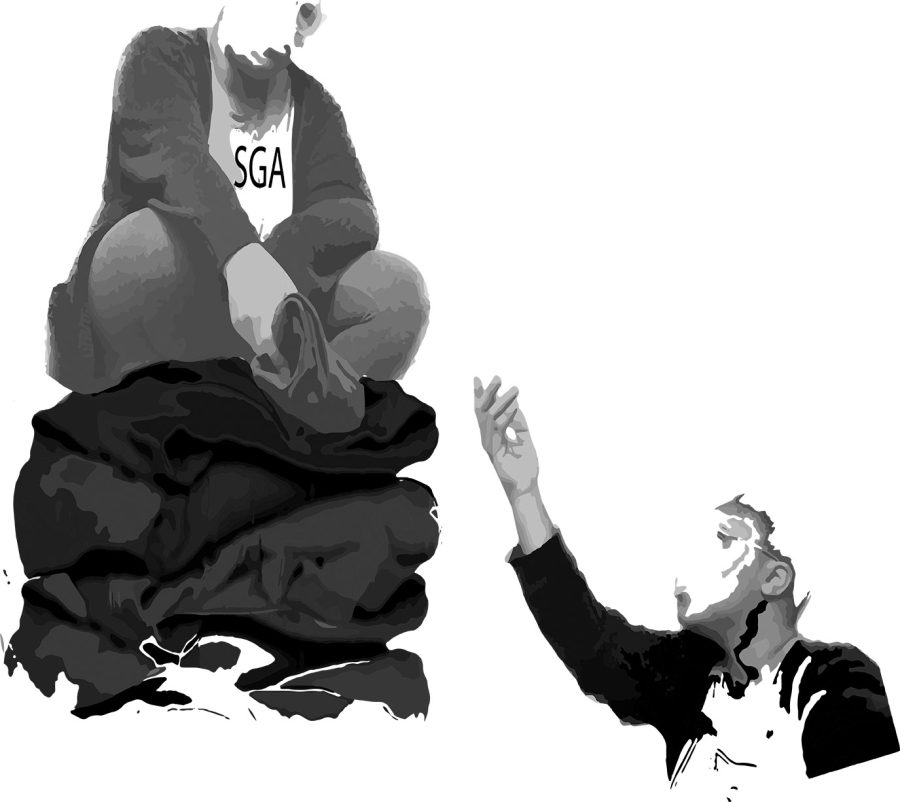 Illustration of a student asking for something from an SGA member and being handed a T shirt while the SGA member sits on a pile of t-shirts.