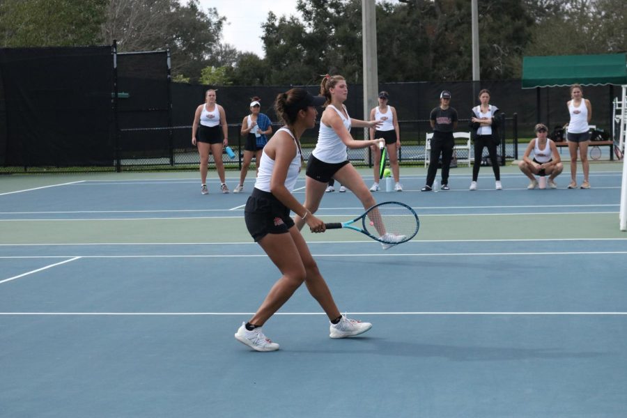 Doubles pairing Lucy Carpenter and Fatima Vasquez play against Nicholls State University at City Park Tennis Center on Jan. 31, 2023. Carpenter and Vasquez are the No. 10 ranked doubles pairing in the International Tennis Associations NAIA preseason polls.