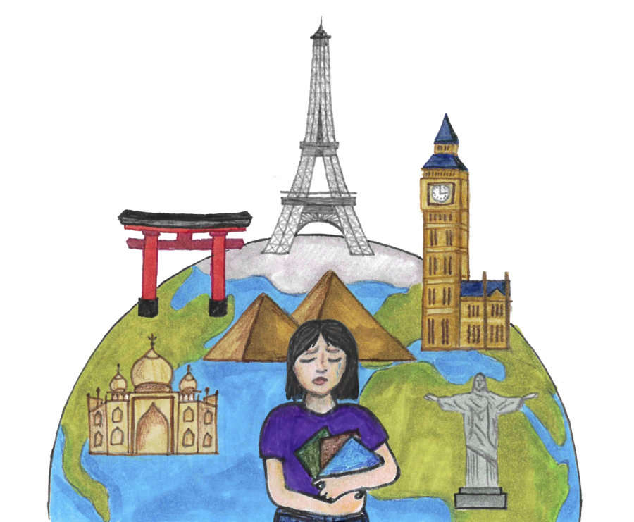An illustration of someone sad with a globe behind them with famous landmarks from around the world.