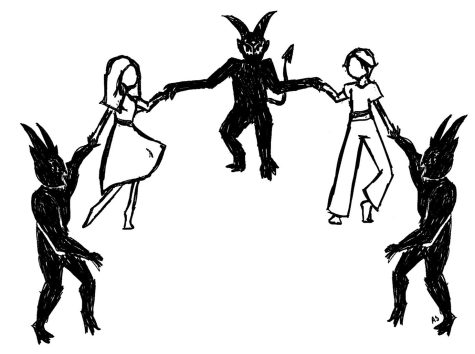 A guy and a girl standing hand in hand with three devils.