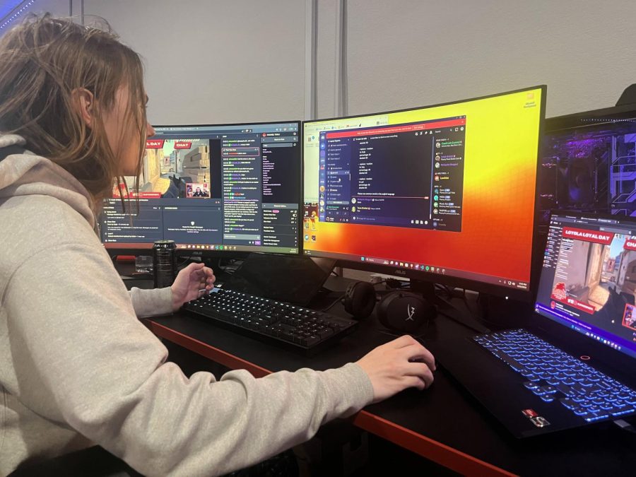 Freshman Kaleb Moore moderates the chat of the esports teams fundraising Twitch stream on March 22, 2023.