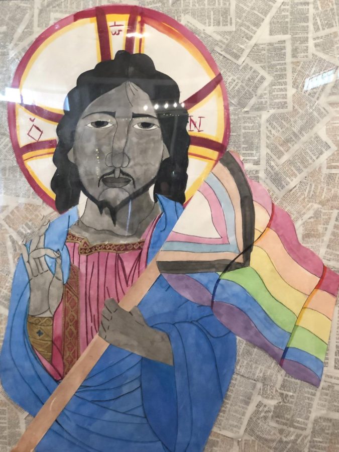 A painting of Jesus Christ holding a progressive flag.