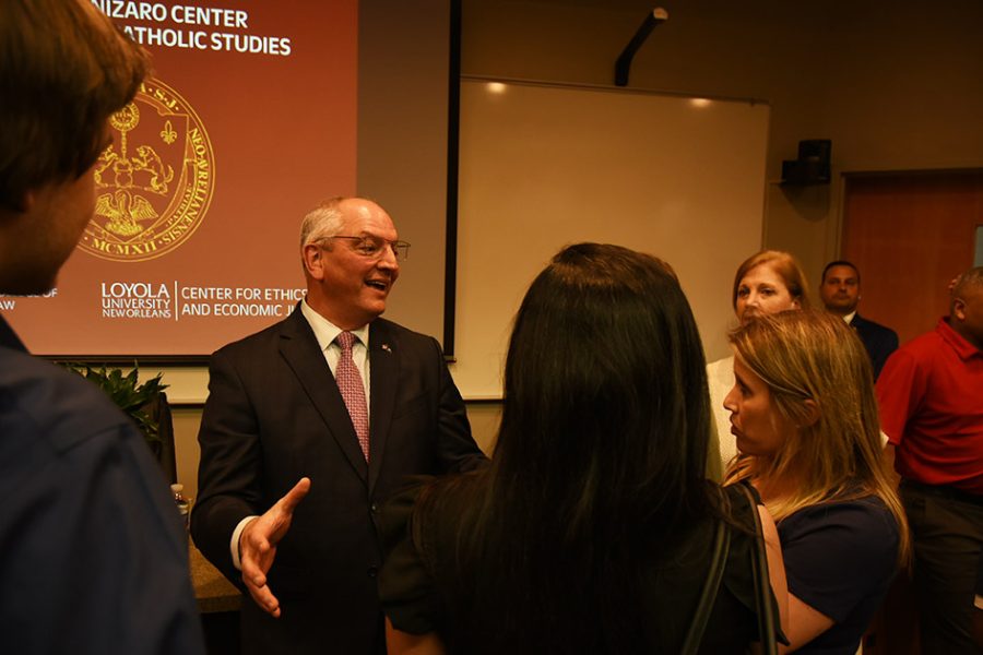 Louisiana Governor John Bel Edwards talks to students and faculty at Loyolas law school on Wednesday, March 22, 2023. Catholic Studies invited Edwards to be the first guest for their inaugural Twomey Lecture. 