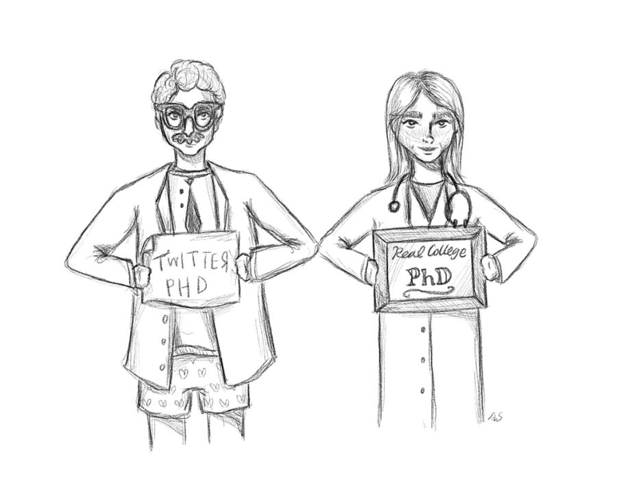 An illustration of a person wearing a disguise holding a sign that says Twitter Phd standing next to a medical doctor holding a sign that says real college Phd.