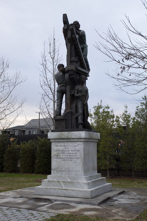 A picture of the monument in New Orleans dedicated to the Latin American workers who helped to rebuild the city in the aftermath of Hurricane Katrina.
