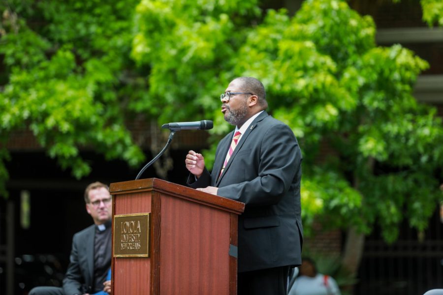 Loyolas President-elect Xavier Cole addresses students at his introduction to the university on March 24, 2023. Cole will begin his tenure on June 1, 2023.