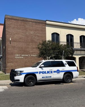 A police cruiser parked in front of New Orleans Police Departments first police station.