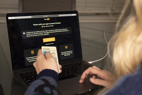 Photo illustration of a person holding their ID while in front of being blocked from entering PornHub, a popular pornography site.