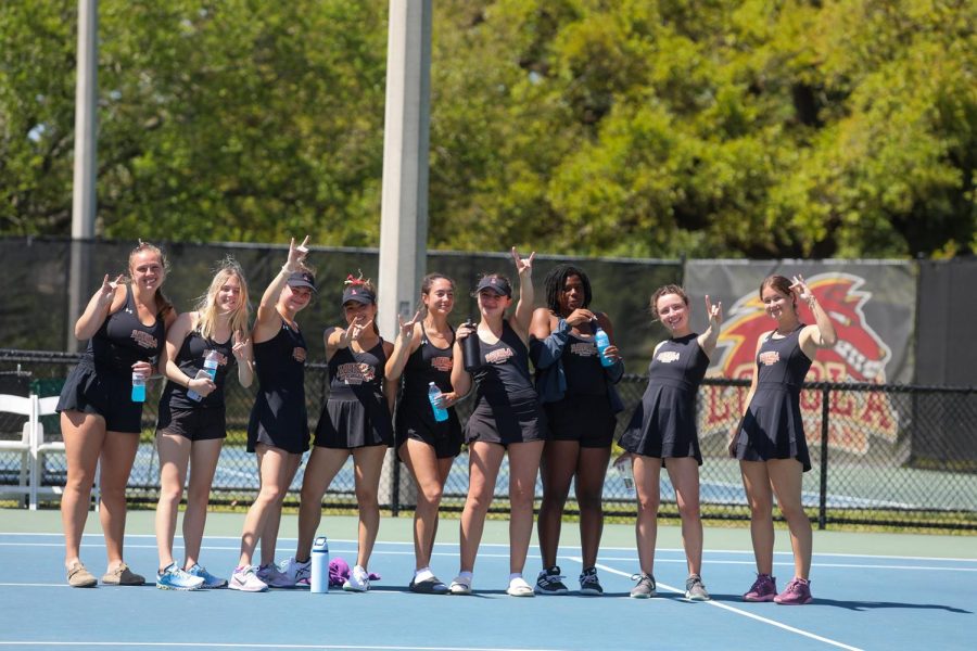 The womens team takes a group photo after their victory against Jones College on March 23, 2023. The team received their highest ranking ever in the most recent NAIA polls, coming in at No. 11