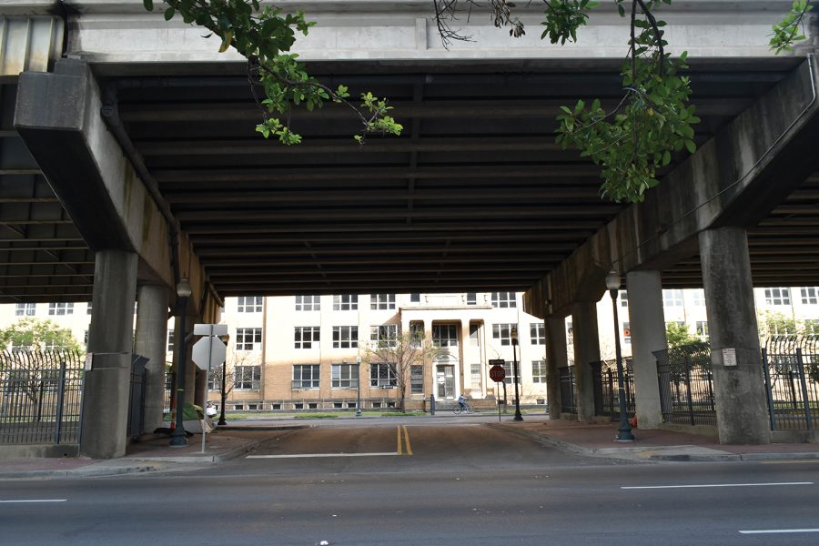 Empty underbridge, under a highway.