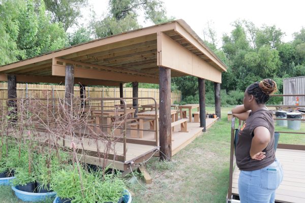 Michelle Wilkerson, a representative from Sankofa, shows off the outdoor classroom setup at Sankofa Wetland Park & Nature Trail, Wednesday, August 16. The non-profit organization will be hosting a childrens educational program to inform about local wildlife and their ecosystem.