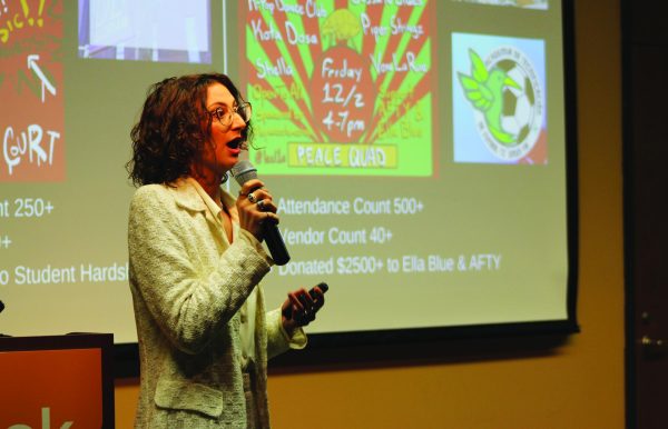 Graduate student Adele Coleman pitching her idea at the LaunchU finals on Sept. 7, 2023. LaunchU awarded 4 teams $5,000 to $10,000 to start up their business idea.