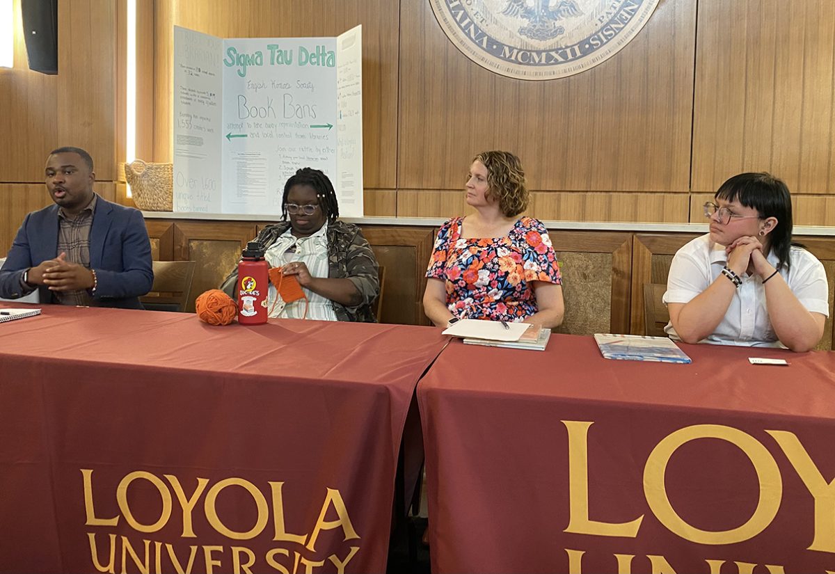 Devante Lewis, Ariana Lonon, Michelle Hallinan, and Blu Dimarco at Banning Books in Louisiana panel on Oct. 4,2023. They were there to discuss the banning and challenging of books in Louisiana and answer questions by Loyola students and staff.