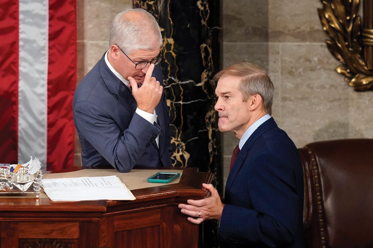 Temporary House leader Rep. Patrick McHenry, R-N.C., talks with Rep. Jim Jordan, R-Ohio, as Republicans try to elect Jordan in a second ballot to be the new House speaker, at the Capitol in Washington, Wednesday, Oct. 18, 2023. (AP Photo/Alex Brandon)