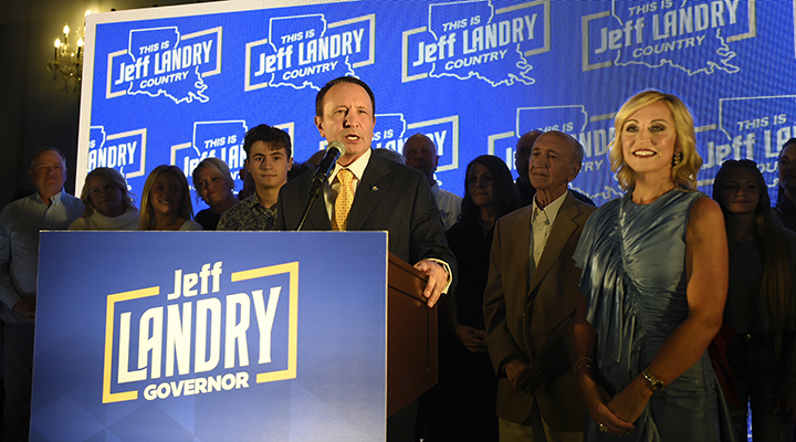 Louisiana gubernatorial candidate Jeff Landry speaks to supporters during a watch party at Broussard Ballroom, Saturday, Oct. 14, 2023, in Broussard, La. Landry begins his first term with redrawing districts and discussing immigration. (Brad Kemp/The Advocate via AP)
