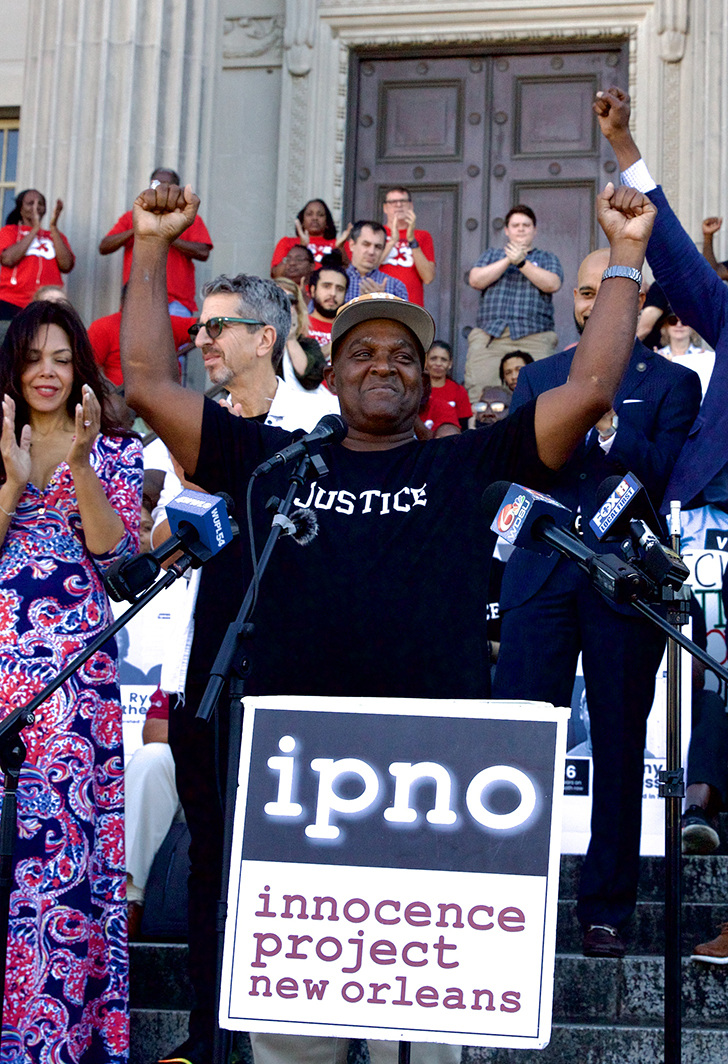 Raymond Flanks speaking on the steps of the Orleans Parish courthouse at the Rally Against Killing the Innocent by the Innocence Project New Orleans on Oct. 2, 2023. Flanks was exonerated after serving 38 years for a wrongful conviction. 