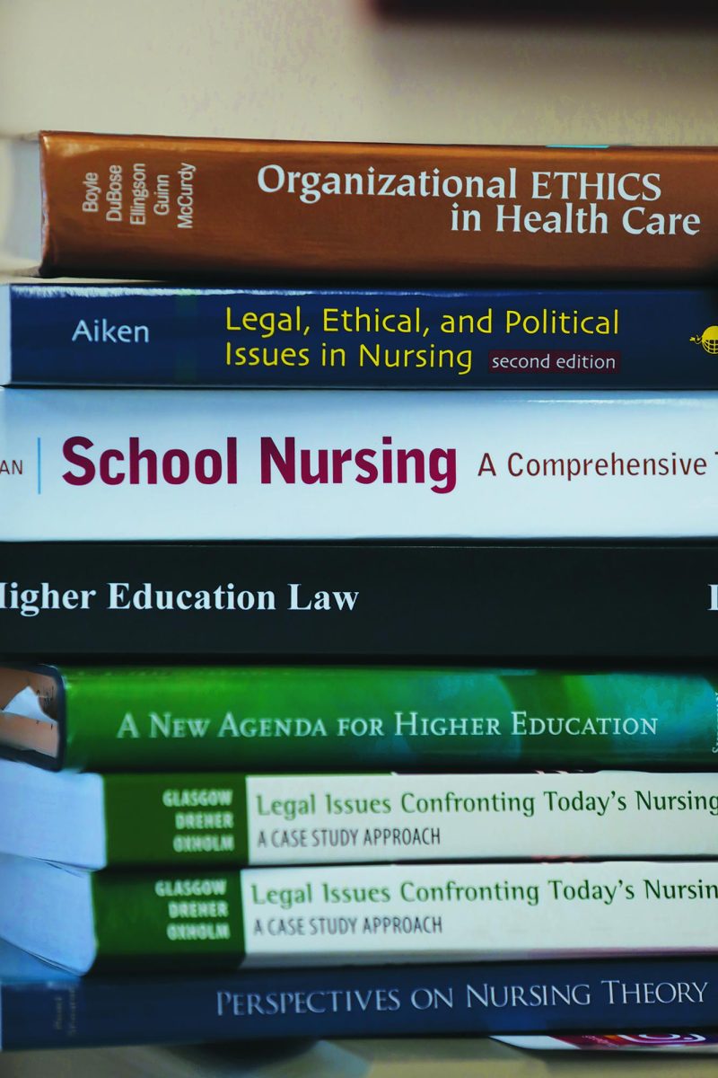 Nursing+text+books+stacked+on+top+of+one+another.+Loyolas+College+of+Nursing+and+Health+was+awarded+a+grant+to+expand+therapy+services.