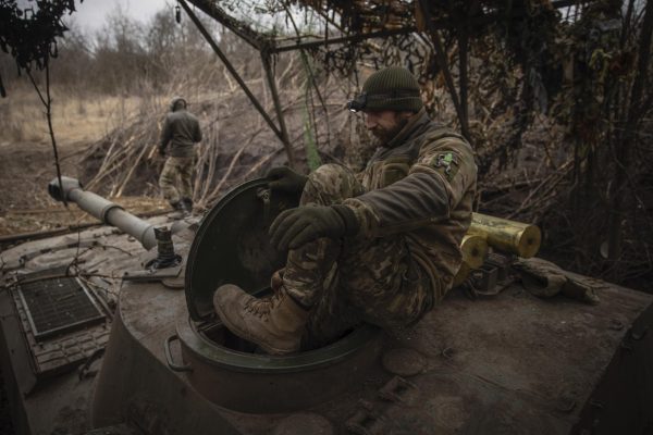 Ukrainian soldiers prepare a self-propelled artillery vehicle Gvozdika to fire towards the Russian positions on the frontline in the Donetsk region, Ukraine, Friday, Feb. 16, 2024. Tensions between the countries continue to rise. Roman Chop/ AP News