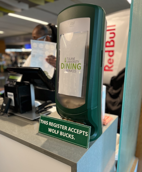 A sign reads, This register accepts Wolf Bucks. at Tulane University. Loyola students are often unsure which locations at the neighboring university accepts Wolf Bucks.