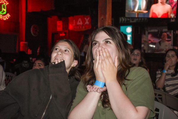 Loyola student Kaleigh Barrilleaux (right) react to Bachelor Joey Graziadeis proposal to Kelsey Anderson at The Boot on March 25, 2024.