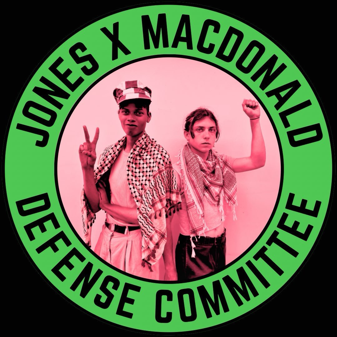 Logo for the Jones X Macdonald Defense Committee. The defense committee was formed following the arrest of Toni Jones, who had her first court appearance on April 23. Courtesy of the Jones X Macdonald Defense Committee. 
