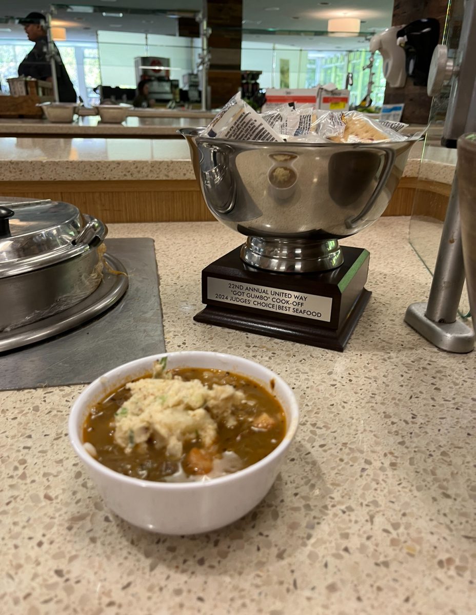 Loyola-Sodexo chef Matthew Box’s award-winning seafood gumbo is served with crackers in the winner’s trophy in the Orleans Room on March 22, 2024.  Box’s gumbo won judges’ choice in the seafood category.