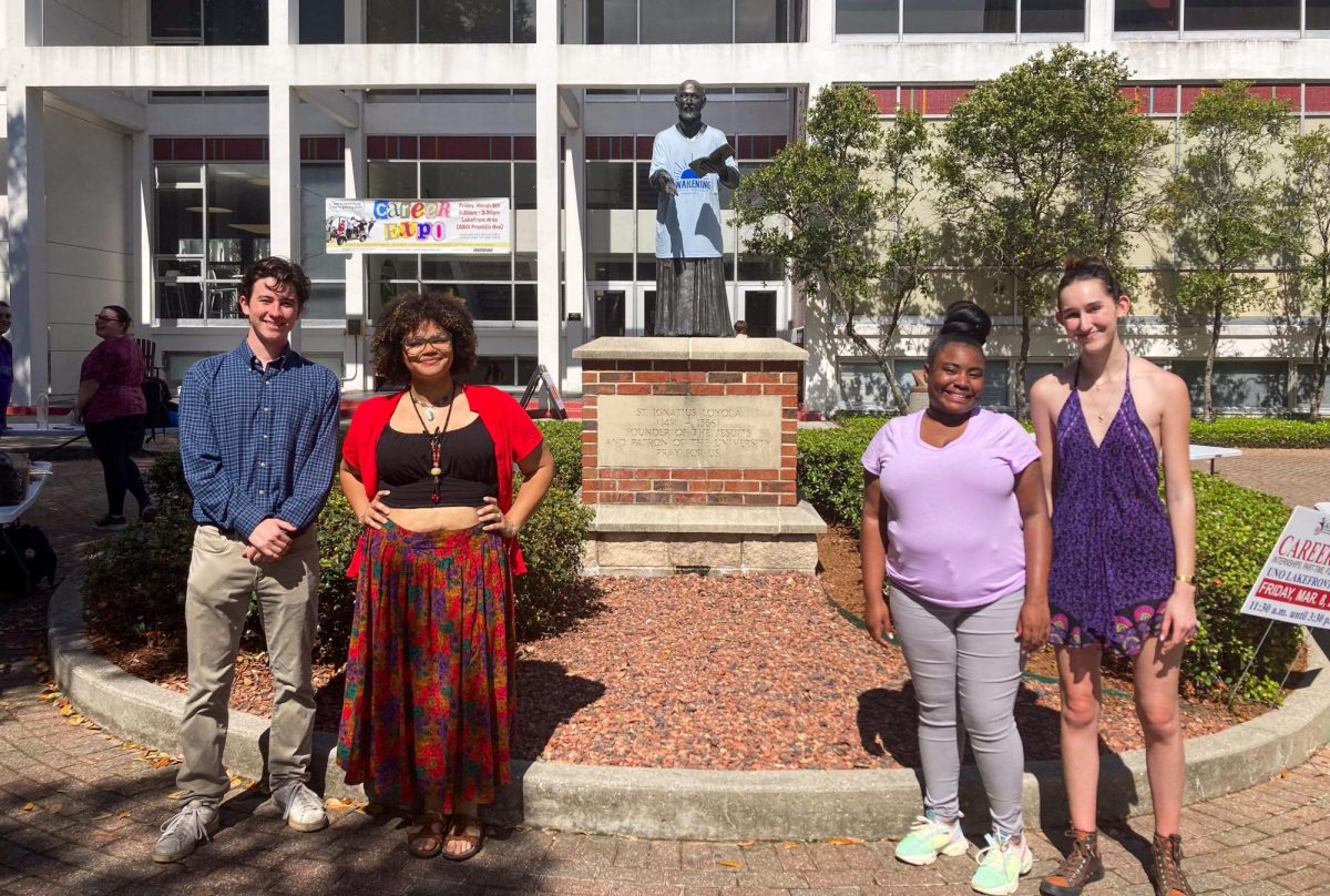 (L-R): Carson Cruse, Juleea Berthelot, Diamond Dixon, and Rowan Sawyer stand in front of the Danna Center on March 7, 2024. The pairs are running respectively for president and vice president of SGA  for the 2024-25 academic year. 