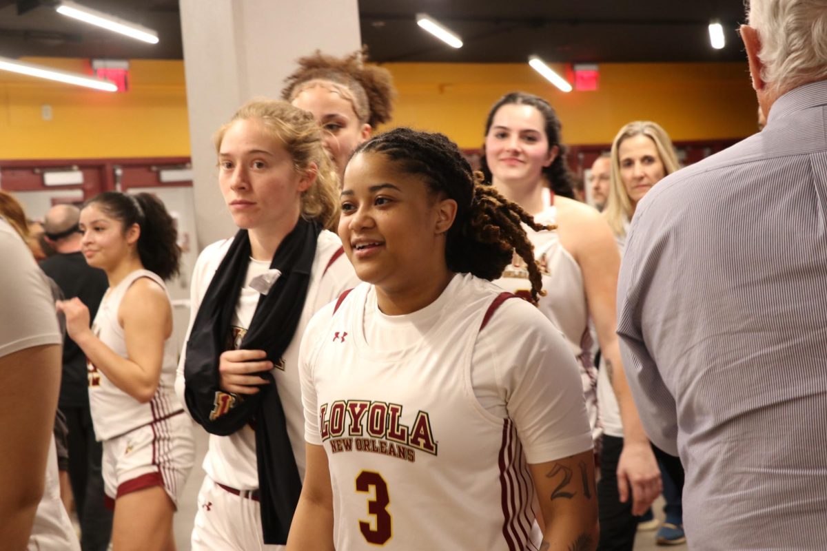 Junior+Bria+McClure+walks+off+the+court+after+the+women%E2%80%99s+basketball+team+won+the+first+round+of+the+NAIA+tournament+on+March+15%2C+2024.+The+team+won+the+second+round+against+Georgetown+College+on+March+16%2C+2024.