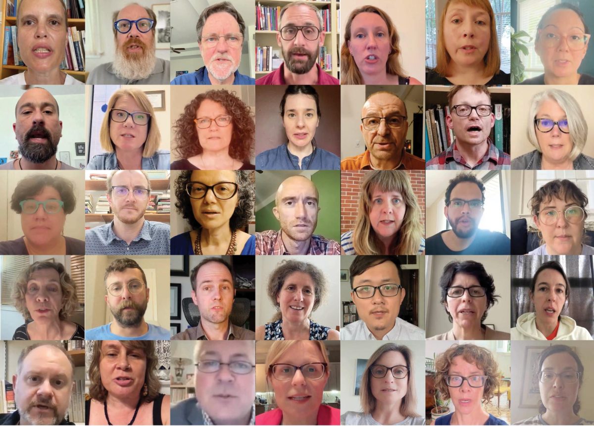Over 35 Tulane faculty members participated in the video, speaking in support of students who were arrested and faculty who were suspensed as a result of the pro-Palestine encampment on May 1. Photos compiled from video.