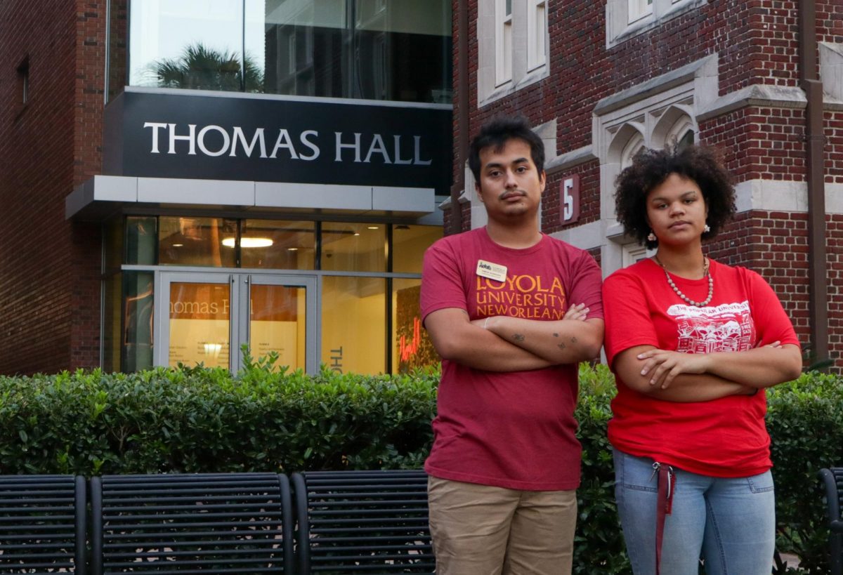 Simon Bunkers (left) and Juleea Bertholot (right) stand outside of Thomas Hall on Sep. 25, 2024.