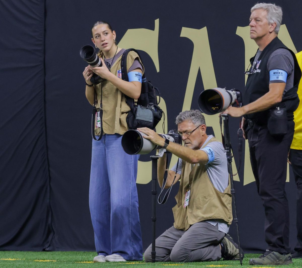 Loyola student Samantha Guillotte stands to the left of Loyola professor David Grunfled at the New Orleans Saints vs.
Philadelphia Eagles game on Sept. 22, 2024 at the Caesars Superdome in New Orleans, LA.