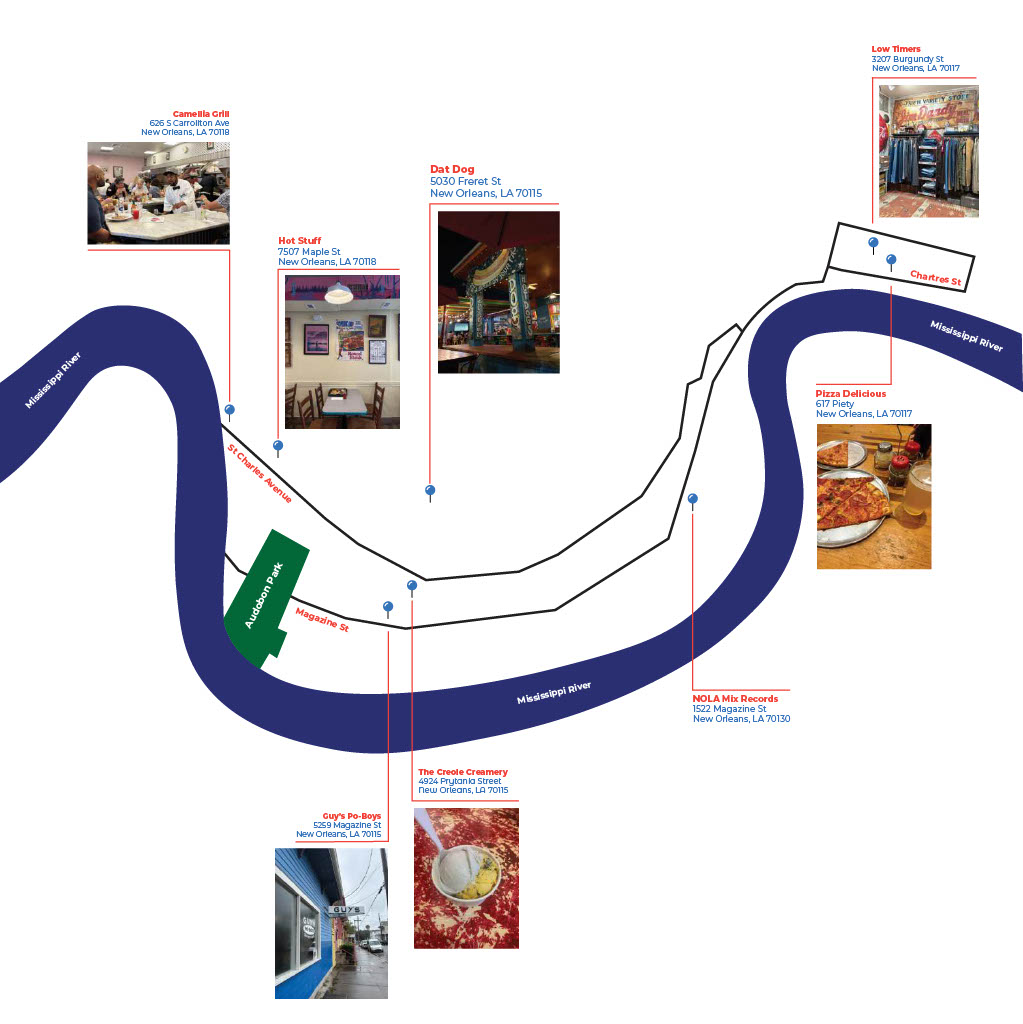 Graphic depicting various restaurants and stores throughout New Orleans, LA. 