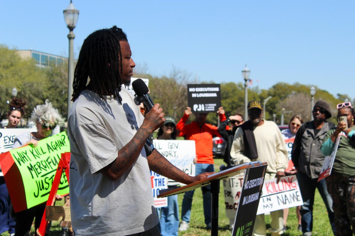 Jessie Smith speaking at the anti-death penalty rally in Baton Rouge on March 16, 2025. His father, Jessie Hoffman, was executed on March 18, 2025 through the use of nitrogen gas. Eloise Pickering/The Maroon
