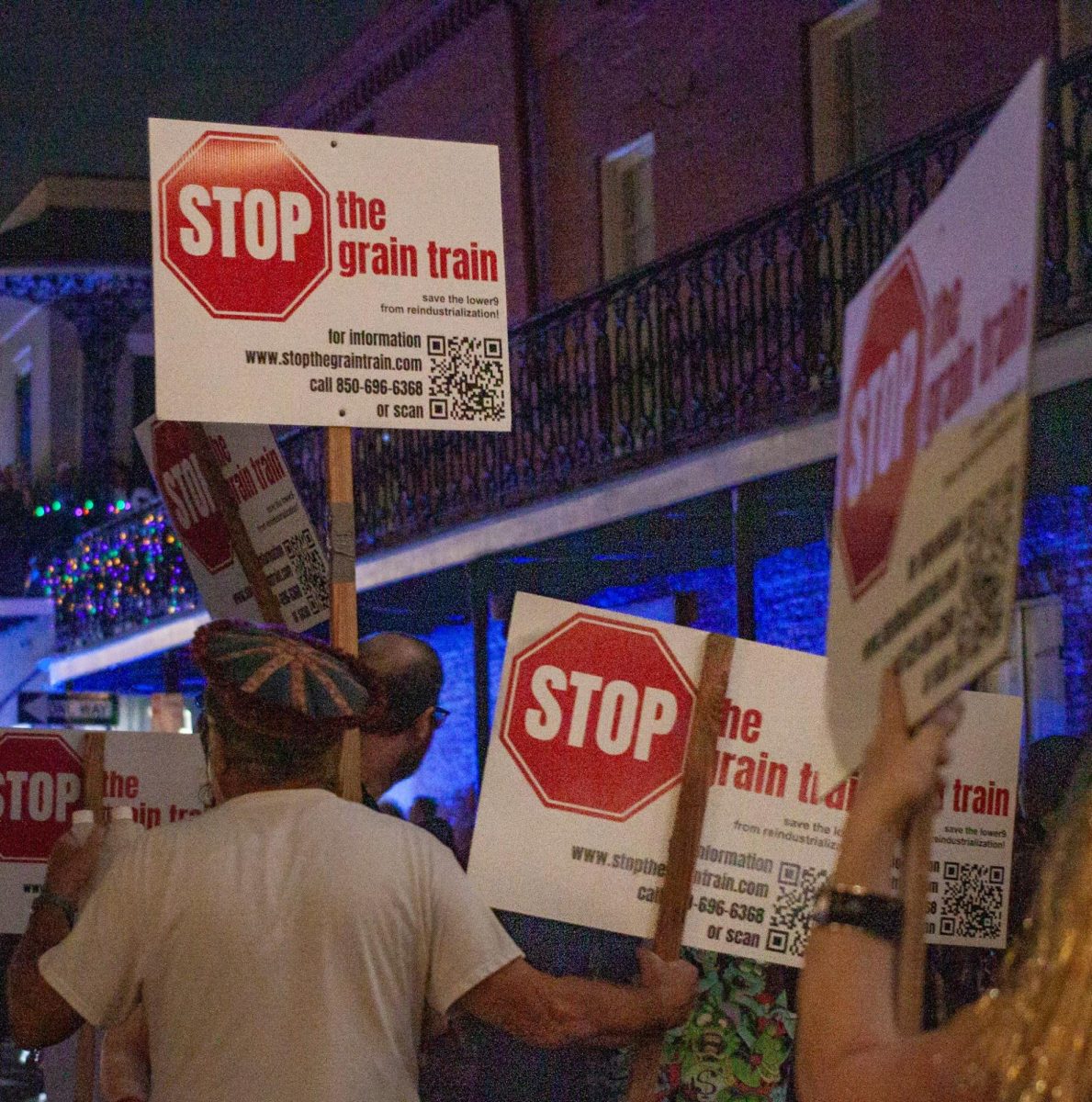 Stop the grain protestors in New Orleans on Feb.15, 2025 before Krewe de Vieux began rolling. Individuals are protesting the construction of a grain terminal in the Ninth Ward. Sophia Renzi/ The Maroon