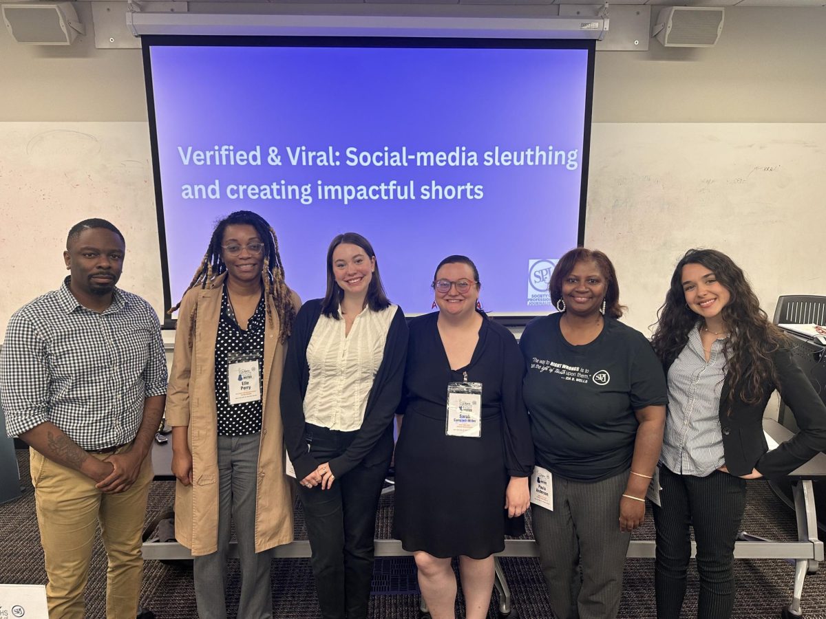         (Left to right) Montee Lopez, Elle Perry, Mary Ella Hastings, Sarah Campell-Miller, Paula Anderson, and Violet Bucaro at the SPJ conference. March 29, 2025. Violet Bucaro/ The Maroon