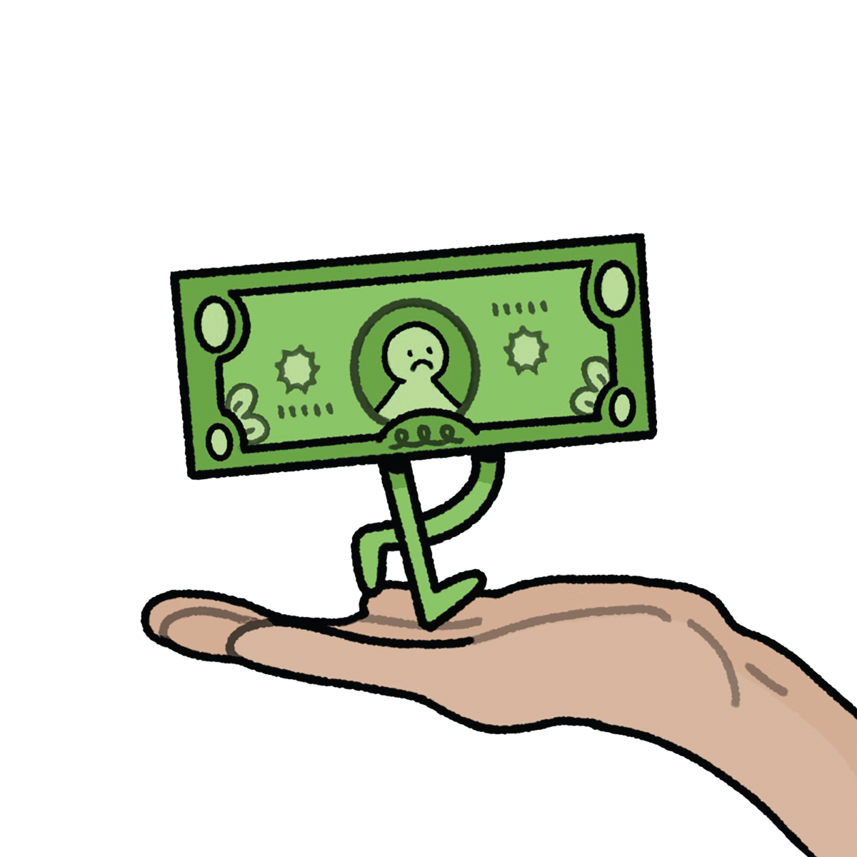 Hand holding sad money graphic.