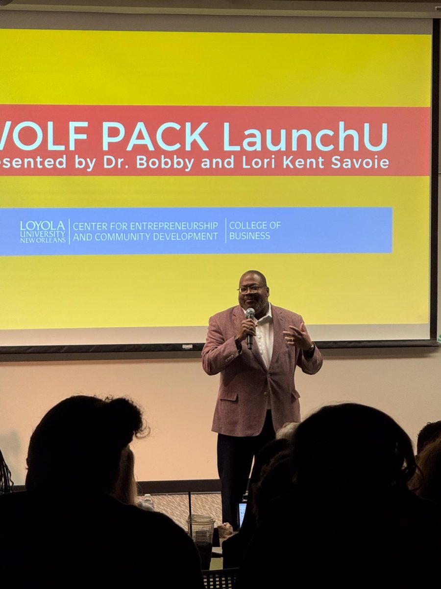 Loyola Univeristy President Xavier Cole offers words of encouragement to up and coming entrepeneurs at the annual Launch U event on Sept.
11, 2025. The event is aimed to give money to new businesses within the Loyola community.