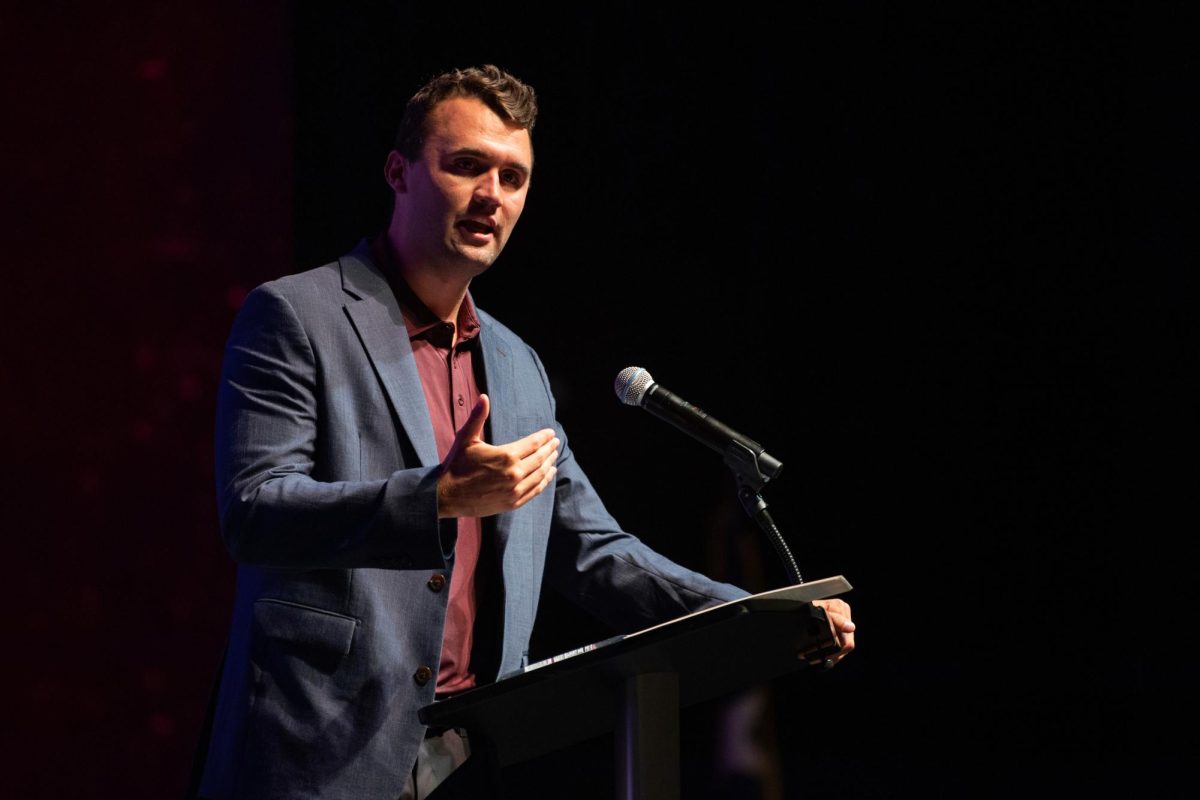 Charlie Kirk speaks at Texas A&M University as part of Turning Point USA's American Comeback Tour, April 22, 2025, in College Station, Texas. 