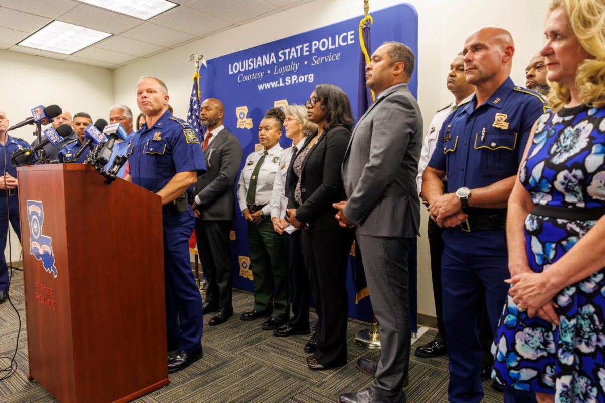 Louisiana State Police Col. Robert Hodges, left, speaks at a news conference about the arrest of Derrick Groves, the last of several inmates caught after breaking out of prison months ago, in New Orleans, Wednesday, Oct. 8, 2025.