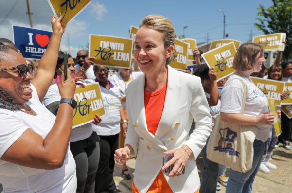 New Orleans City Councilmember Helena Moreno greets supporters as she arrives to submit her qualifying paperwork to run for mayor at the Orleans Parish Clerk of CourtÍs Office on Wednesday, July 9, 2025.