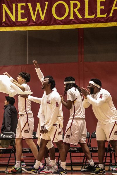 Men's basketball celebrating their second win. The team played against Xavier University, yesterday, Nov. 5.  Courtesy of Heidi Herrera-Wanke.