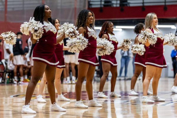 Loyola's cheer team perform on the sidelines during a home game. Photo courtesy of Abigail Smith/ Loyola  New Orleans Athletics 