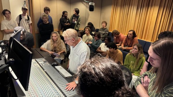 Jeff Glixman works with music students in studio A during TA meeting for student engineers.