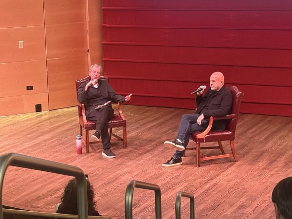 Professor Jonathan McHugh interviewing Scott Rodger in Nunemaker auditorium on Tuesday, Feb 10, 2026.